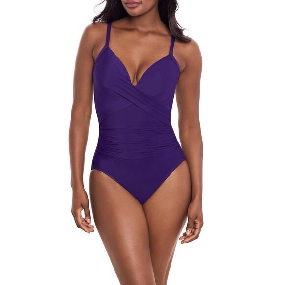 Miraclesuit Rock Solid Captivate One Piece Swimsuit Size 12 Purple Criss Cross - Picture 1 of 16